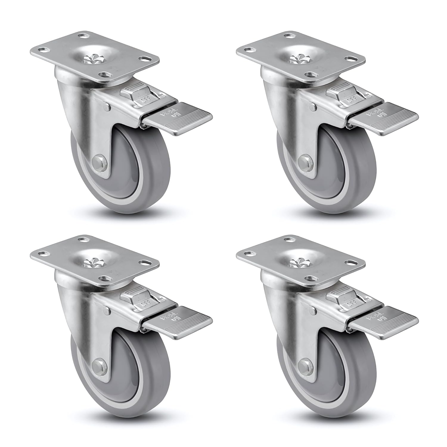 4" x 1-1/4" Total Lock Plate Caster |Set of 4| - Gray Polyurethane Wheel - 2-3/8" x 3-5/8" Top Plate - 1200 lbs Capacity