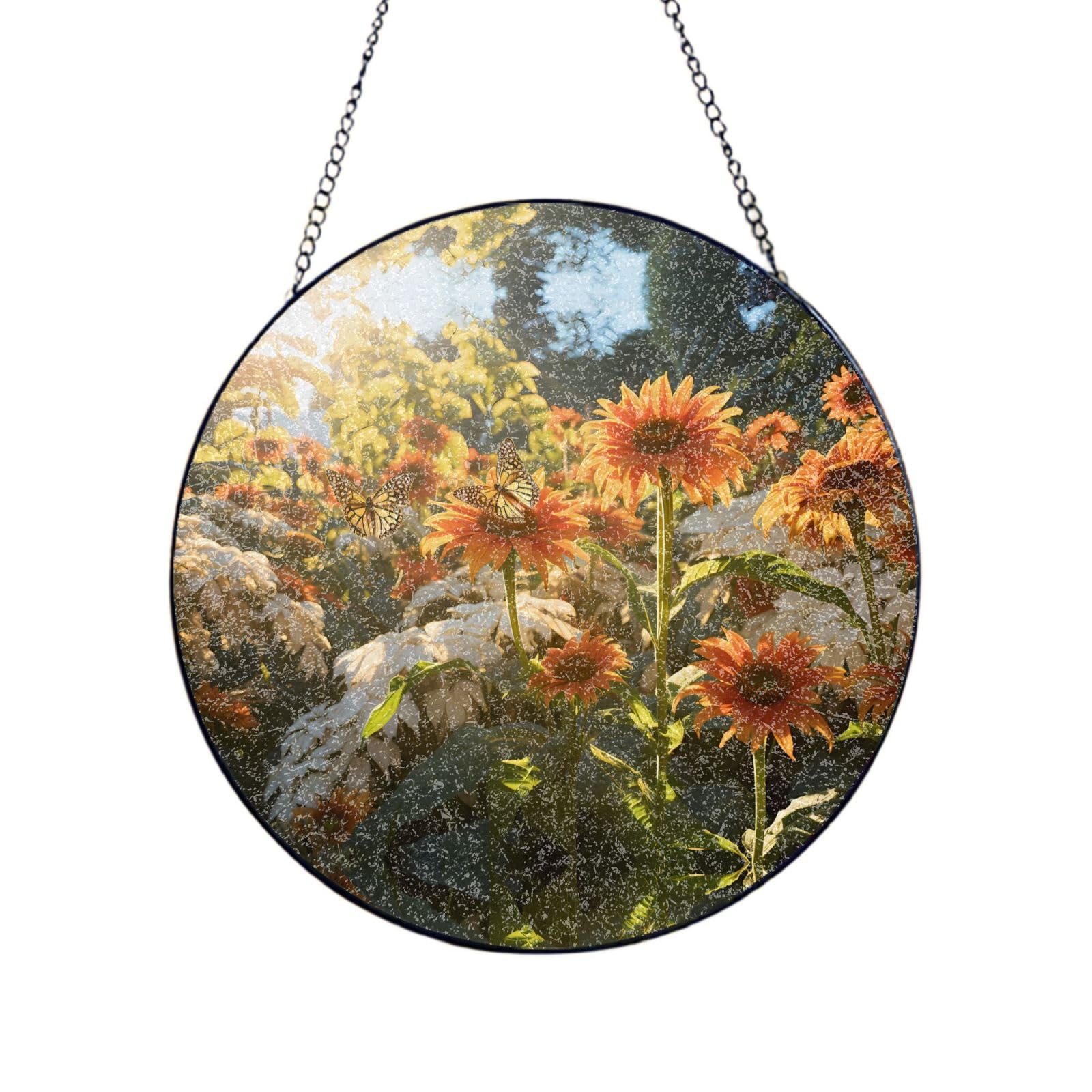 Phayah Sunflower Garden Print Glass Window Hanging Round Suncatcher Glass Ornament Garden Wall Fence Decorations Indoor Outdoor 12in（30cm）