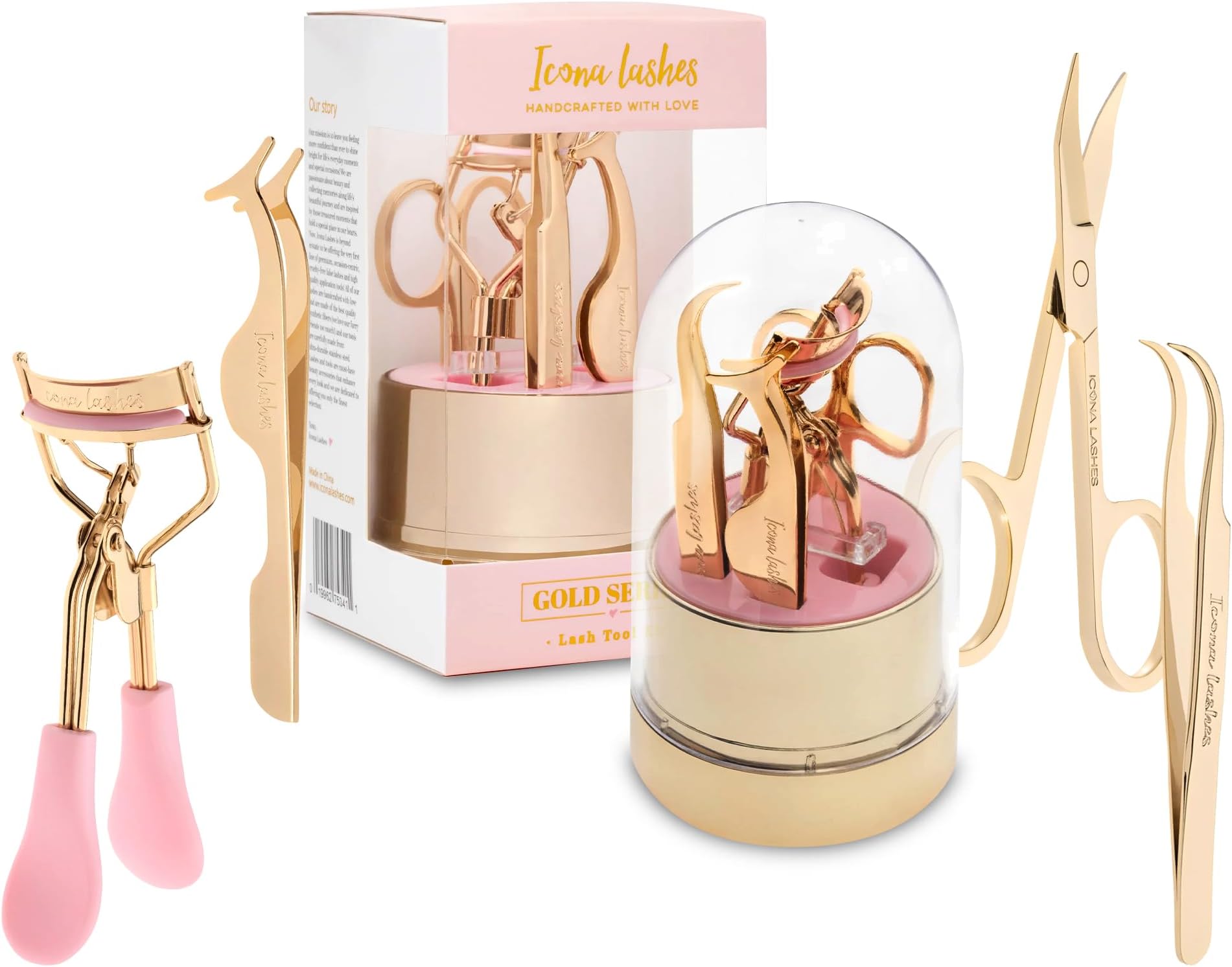 4-in-1 False Eyelash Tool Kit - DIY Lash Extension Kit with Tweezer, Curler, Scissors, Applicator - 24K Gold Plated Stainless Steel Accessories in Clear Dome Organizer, Beautiful Gift Box