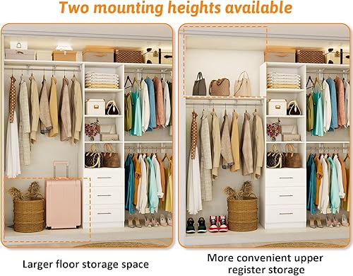 Miniatura 6 de Sistema de armario con cajones, sistema organizador de armario de 5 pies a 8 pies con estantes y varillas ajustables para colgar, sistema de