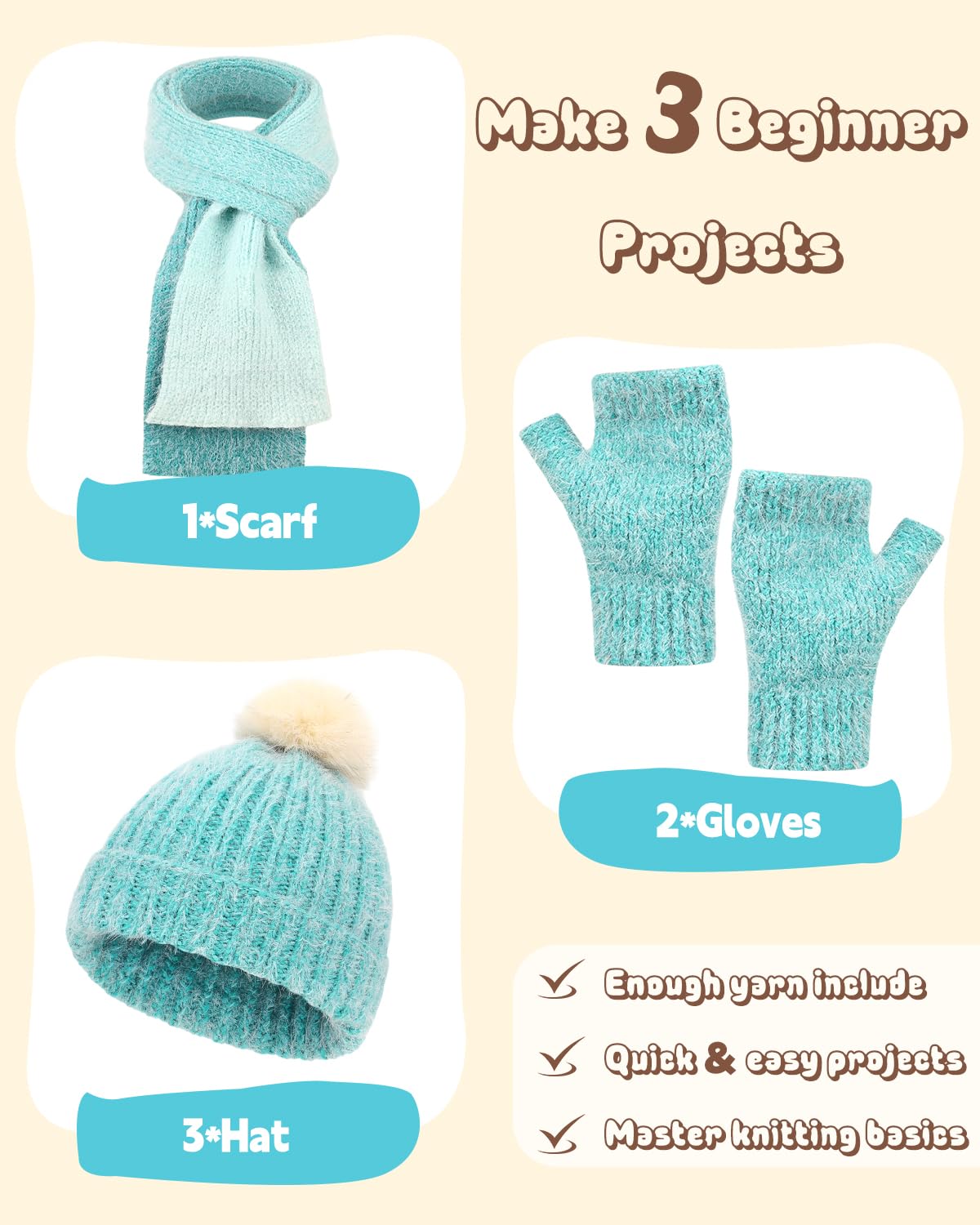Katech Strickset für Anfänger, Erwachsene, Kinder, Anfänger, Strickset | Komplettes Strickset für Mütze, Schal, Handschuhe, mit Schritt-für-Schritt-Video-Tutorials, ideales Geschenk