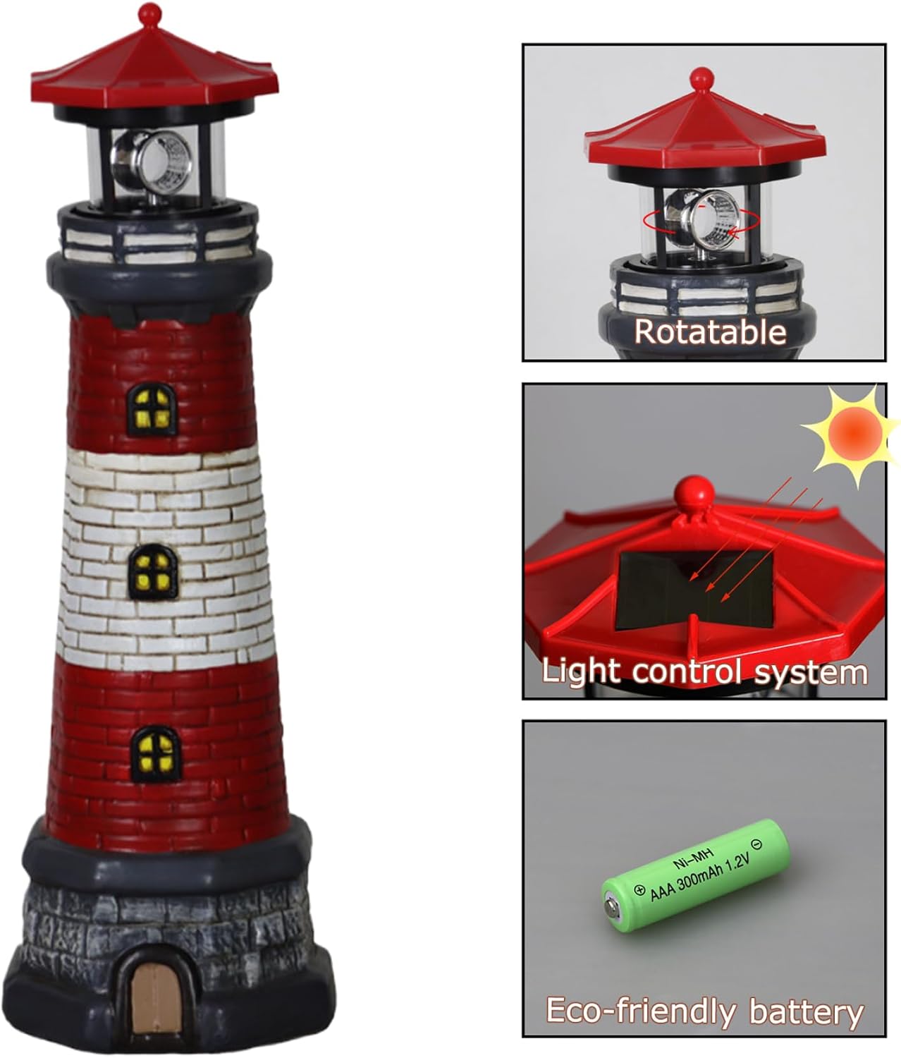 Solar Lighthouse,Lighthouse Lamp Outdoor Solar Rotating Led Lighthouse Light Waterproof Lighthouse Statue Decorative Led Rotating Lamp for Garden Landscape Outside Yard, Standard, Red