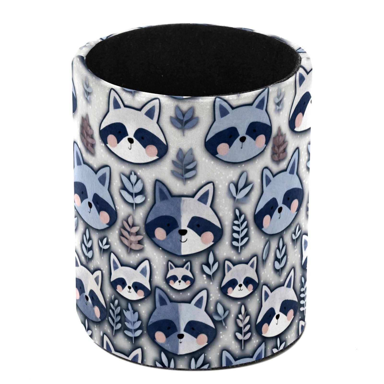 HEOEH Raccoon Leaves Pen Holder for Desk, PU Leather Pencil Holder Pen Cup Marker Holder Makeup Brush Holders, Desk Accessories & Workspace Organizers for Home, Office