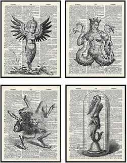 Monster Dictionary Art Prints - Vintage Upcycled Wall Art Poster Set- Chic Home Decor for Man Cave, Rec Room, Game Room, Bar - Gift for Steampunk Gothic Goth Fans - 8x10 Photos- Unframed