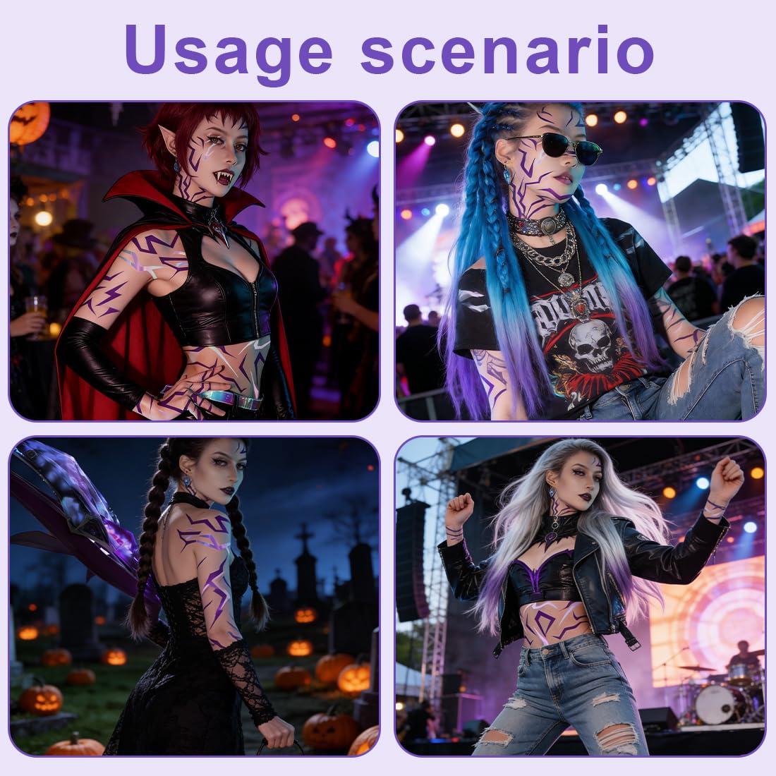 4pcs Tatuaggio Adesivo Viola,Tatuaggi Temporanei Da Costume,Per Cosplay,Carnevale,Halloween,Serate Sul Palco