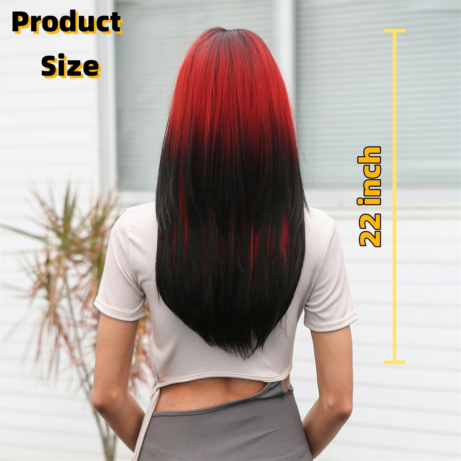 Parrucca Donna Con Frangia Sintetiche Lunga Liscia, Realistiche Naturale Layered Rosa Sfumato Brown Wig Per Cosplay Feste Ogni Giorno Halloween(Red Black)
