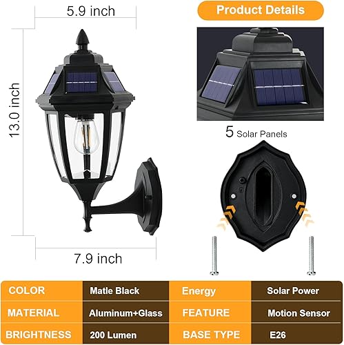 Miniatura 5 de Paquete de 2 luces solares para porche, luces solares con sensor de movimiento para exteriores, luces de pared solares de aluminio para exteriores,
