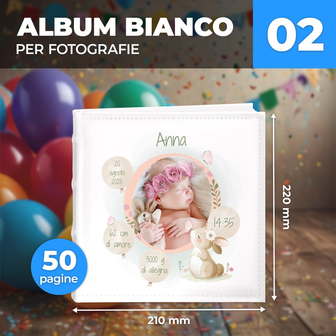Maverton Album Fotografico Personalizzato - Album foto per neonata - Copertina in Pelle Sintetica Bianca Personalizzata con Stampa - 100 pagine - 200 foto 10x15 cm - regali neonata - Coniglio