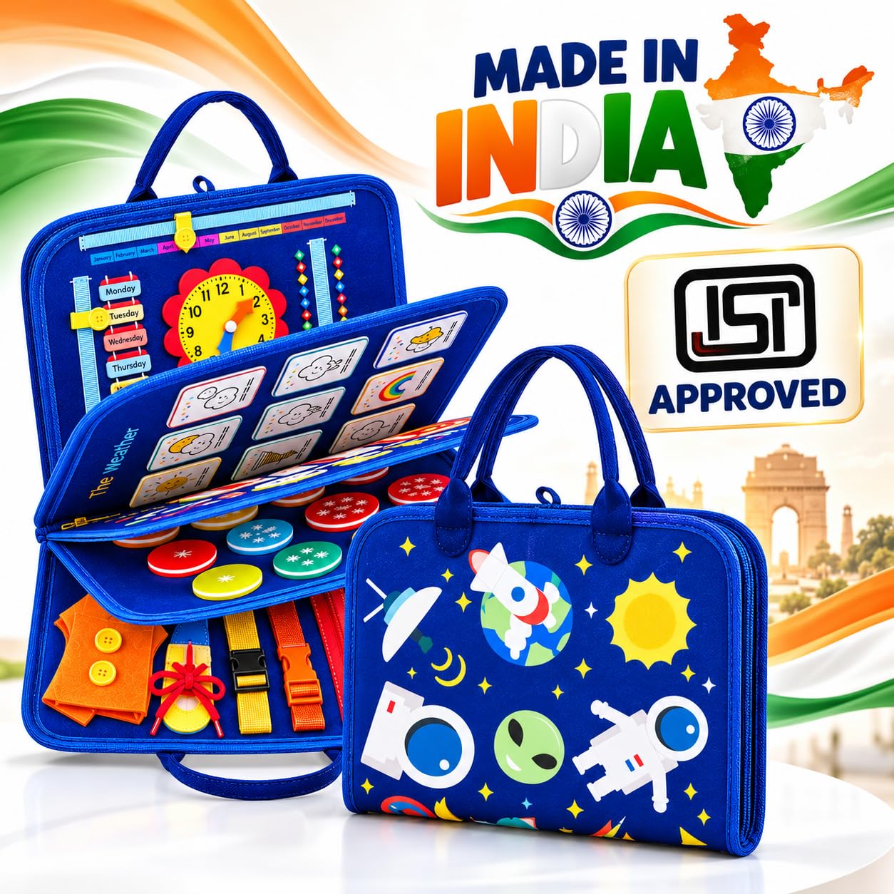 Qlect 12 in 1 Toddler Busy Binder & Busy Book for Toddlers 1-3 Years - Montessori Busy Board & Activity Book Kids 2-4 - Engaging Toys for 2-3 Years - Educational - ISI Approved, Made in India, Blue — Amazon image 7