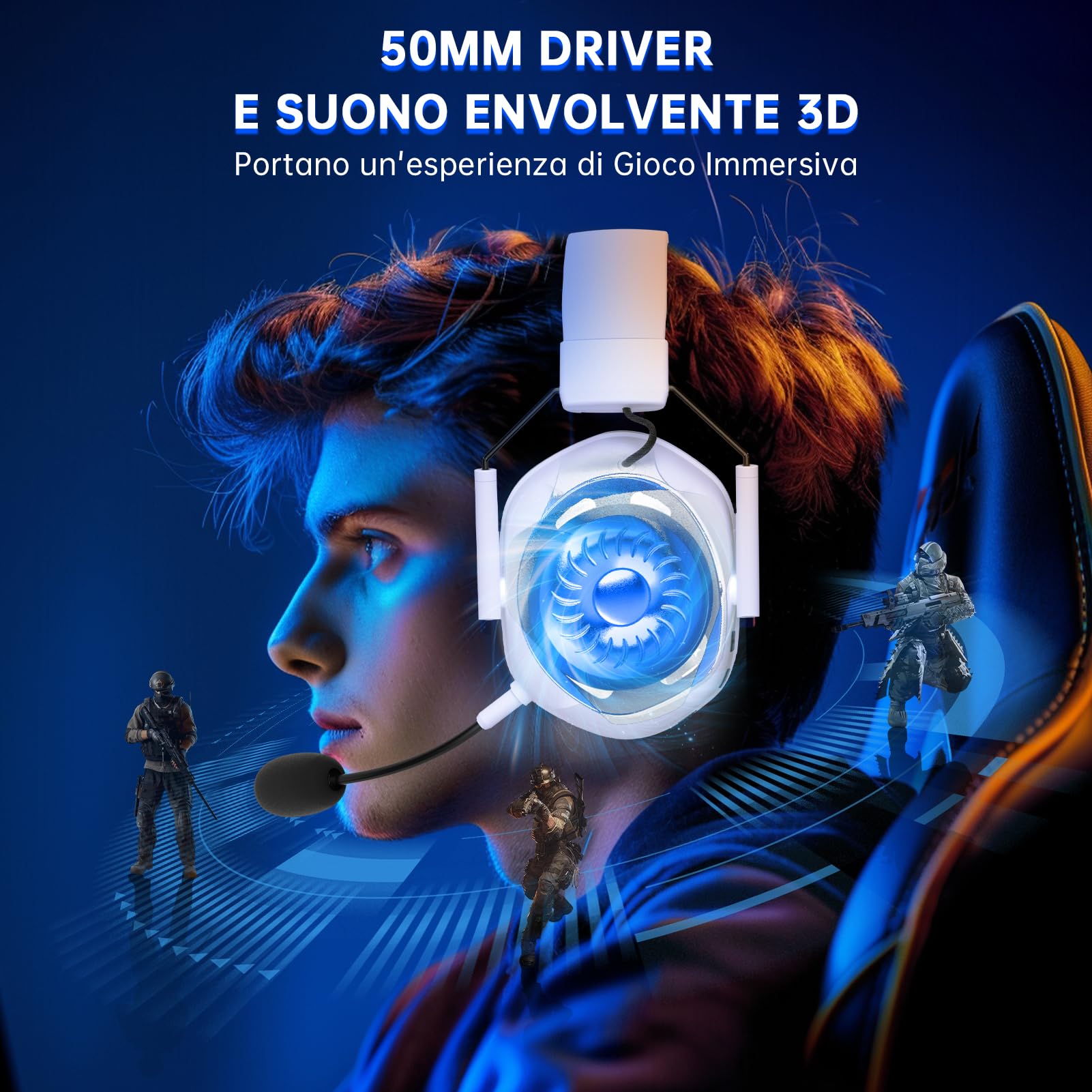 Cuffie Gaming Wireless per Xbox Series X|S, Xbox One, PS5, PC con Microfono, Suono Surround, Bluetooth 5.2, 60 Ore, Luce RGB - Bianco
