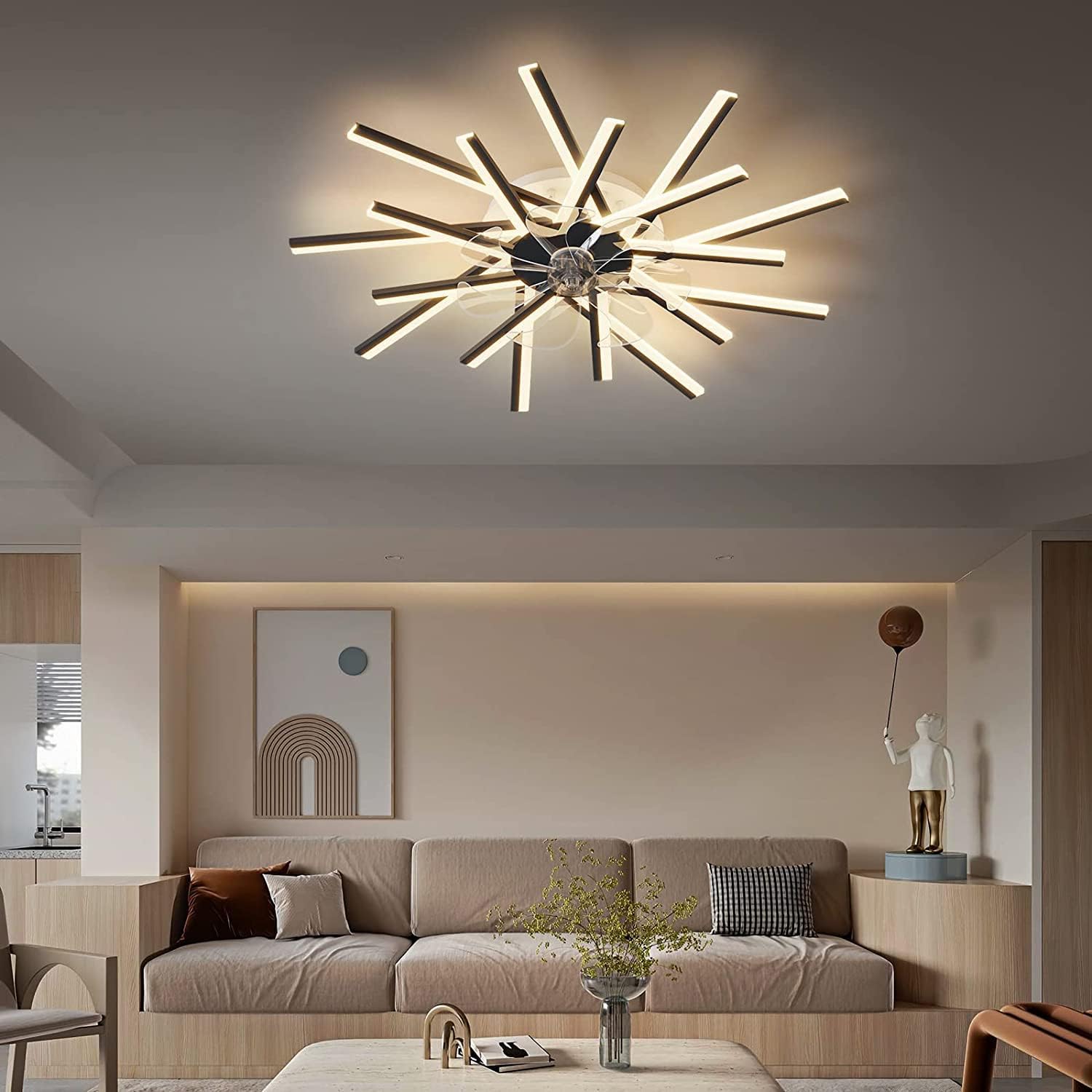 Modern Ceiling Fan with Lights and Remote,36" Flush Mount Ceiling Fan, Bladeless Ceiling Fan, Dimmable 6-Gear Wind Speed for Living Room Bedroom Low Profile Ceiling Fan Fandelier (Black)