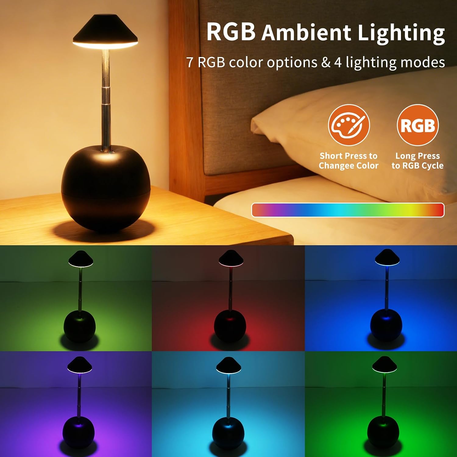 Rechargeable LED Table Light, Tumbler Cordless Table Lamp with 3 Colors & 7 RGB Stepless Dimmable Touch Control Lamps for Patio Restaurant Dining Home Bars (Black)