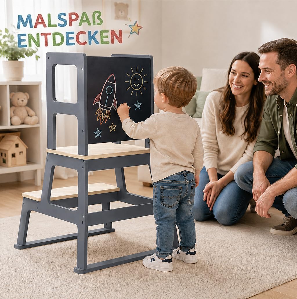 Baby Vivo Lernturm aus Holz - Tower Küche Kindermöbel Learning Tower - Schemel Lerntower für Kinder ab dem Stehalter - Tritthocker mit Tafel Montessori Küchenhelfer Lernstuhl in Grau