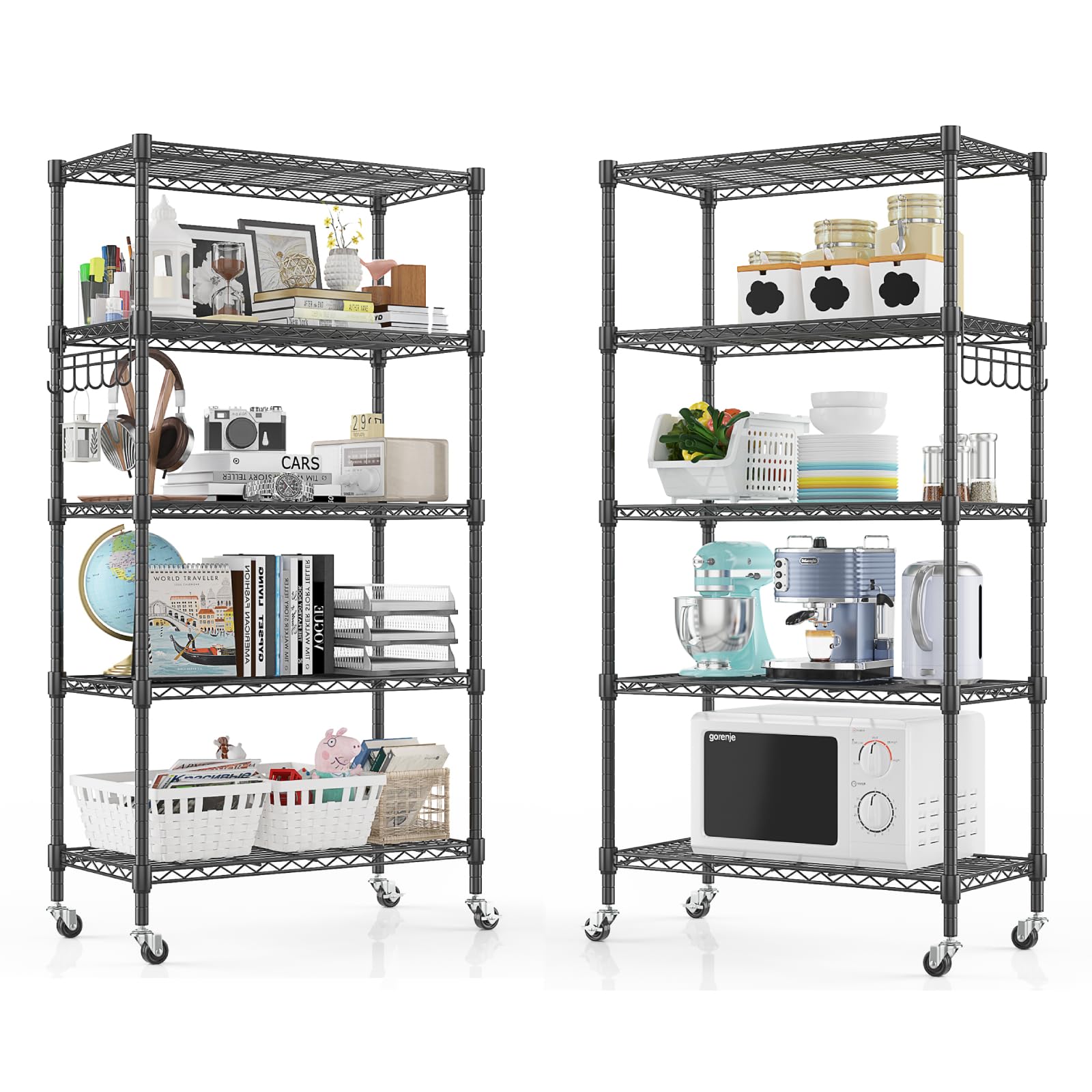 Himimi 2pcs 5-Tier Wire Shelving Unit 350kg Capacity Adjustable Storage Shelves Heavy Duty Storage Rack with Wheels Metal Shelf for Closet Kitchen Garage Basement Black