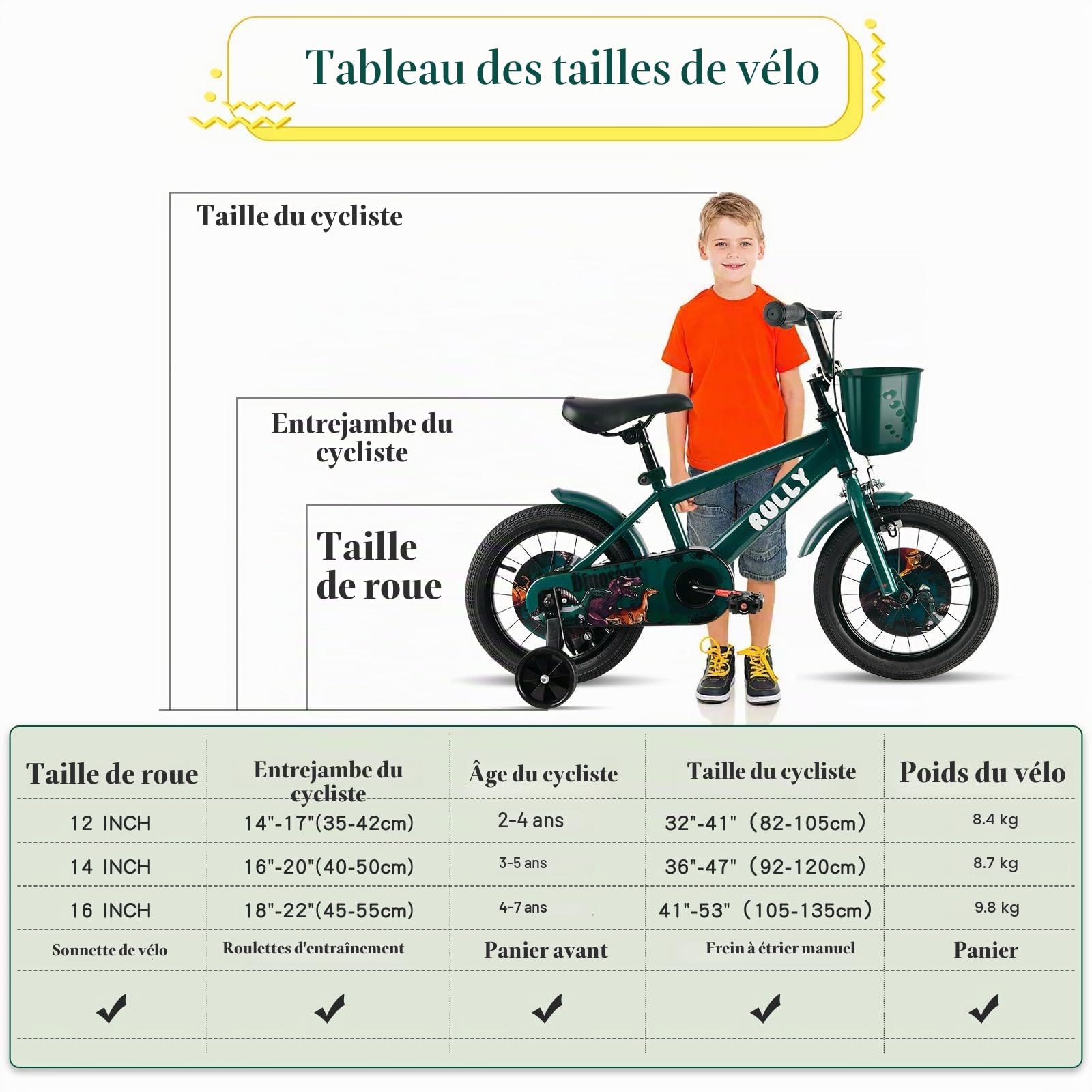 RULLY Vélo Enfant Dinosaur 12 14 16 Pouces pour Garçons de 2 à 7 Ans – Vélo Style BMX avec roulettes – Plusieurs Couleurs