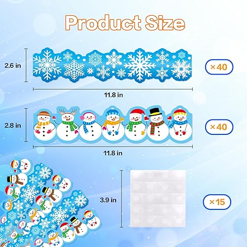 Miniatura 4 de Tablero de anuncios de invierno de 78.7 pies, decoración de aula, borde de anuncios de copo de nieve, Navidad, vacaciones, muñeco de nieve, borde