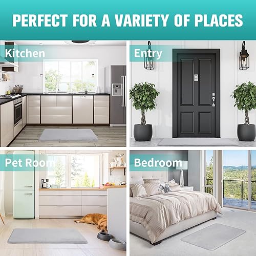 Miniatura 7 de Juego de 3 tapetes de baño de espuma viscoelástica, de terciopelo, ultra suaves, antideslizantes y absorbentes, lavables, color gris claro, patrón