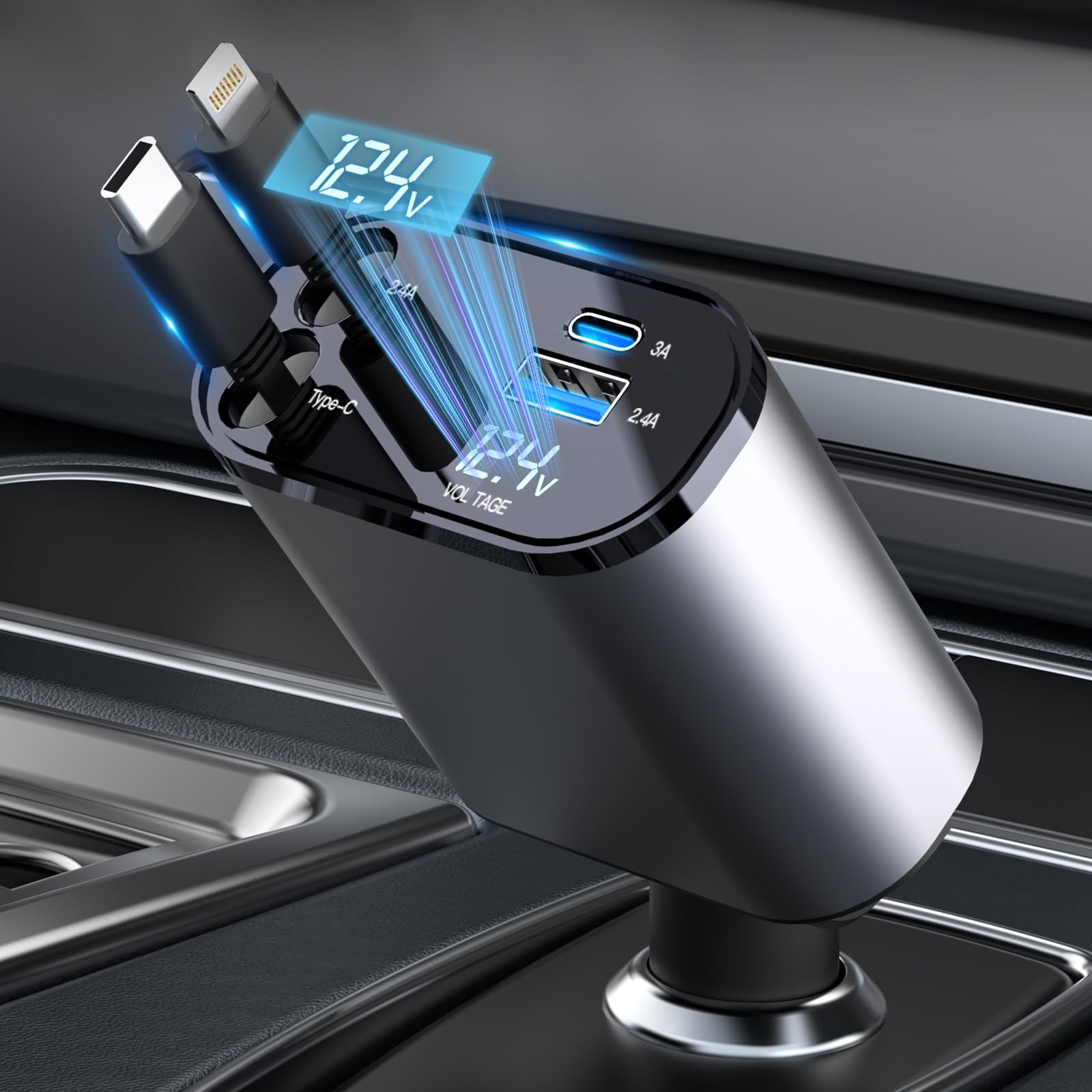 Retractable Car Charger, 4-in-1 Fast Car Phone Charger, 2 Retractable Cables (31.5 inch) and 2 USB Ports Car Charger Adapter for iPhone 16/15/14/13/12 Pro Max, iPad, Samsung, Pixel