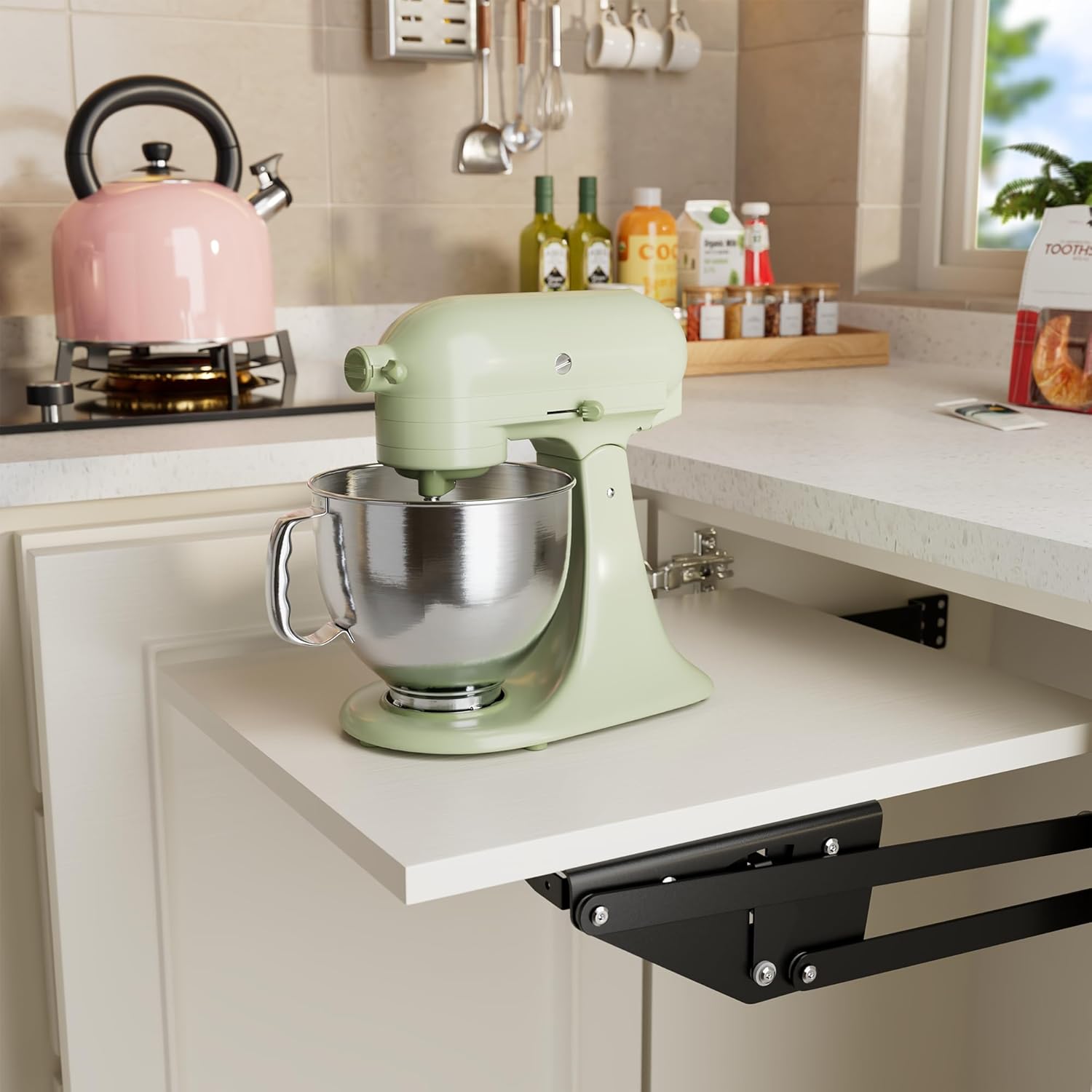 Mixer Lift for Cabinet, Appliance Lift for Cabinet with Soft-Close Spring-Loaded Locking Mechanism and Mounting Base, Shelf Not Included, Lift Assist for Mixers, Blenders, and More