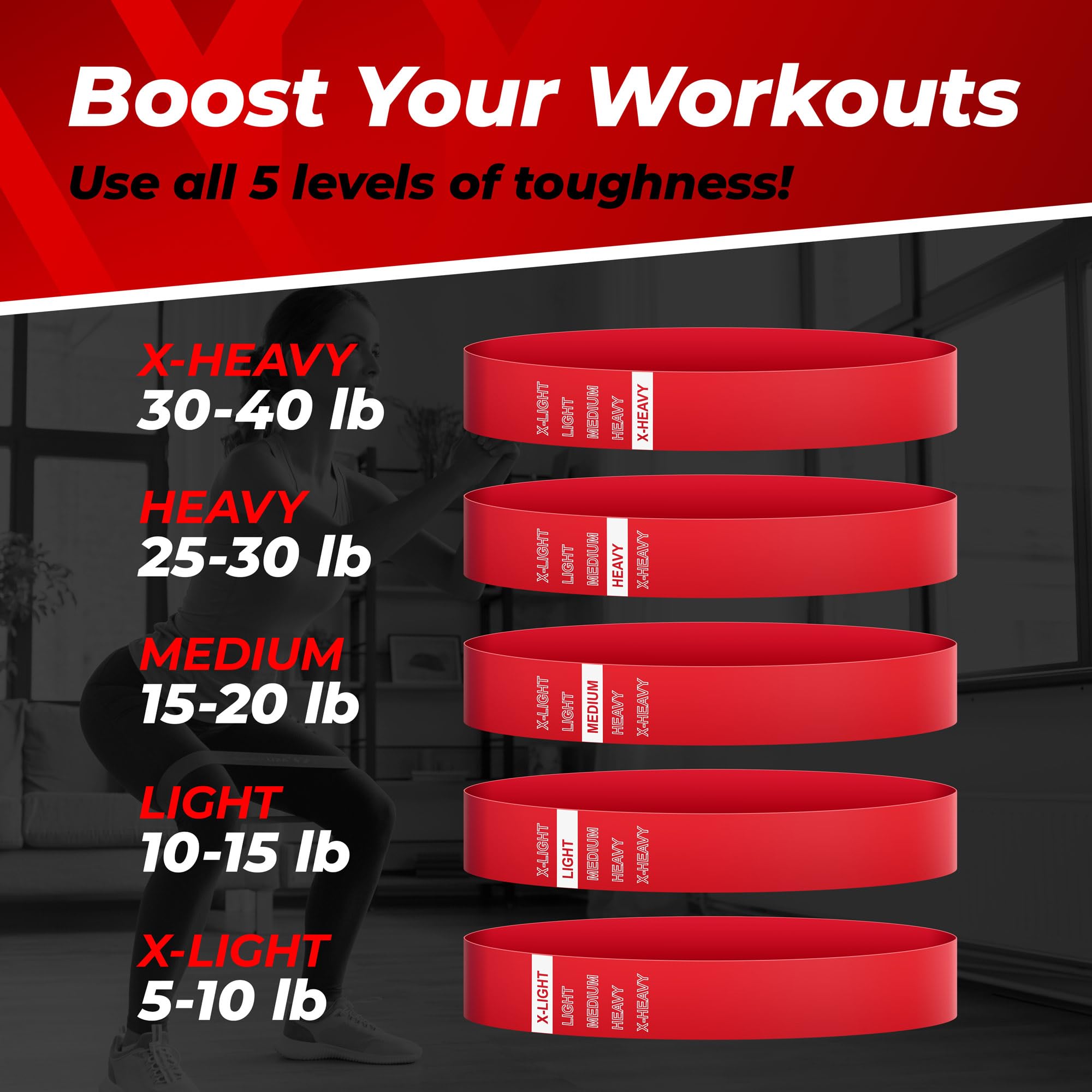 Loop Resistance Bands, 5 Exercise Bands, 5–40 lb, Boosting Workout Equipment Made of Durubbex, Resistance Bands for Working Out, Inner Thigh Exercise Equipment, Fitness & Workout Bands