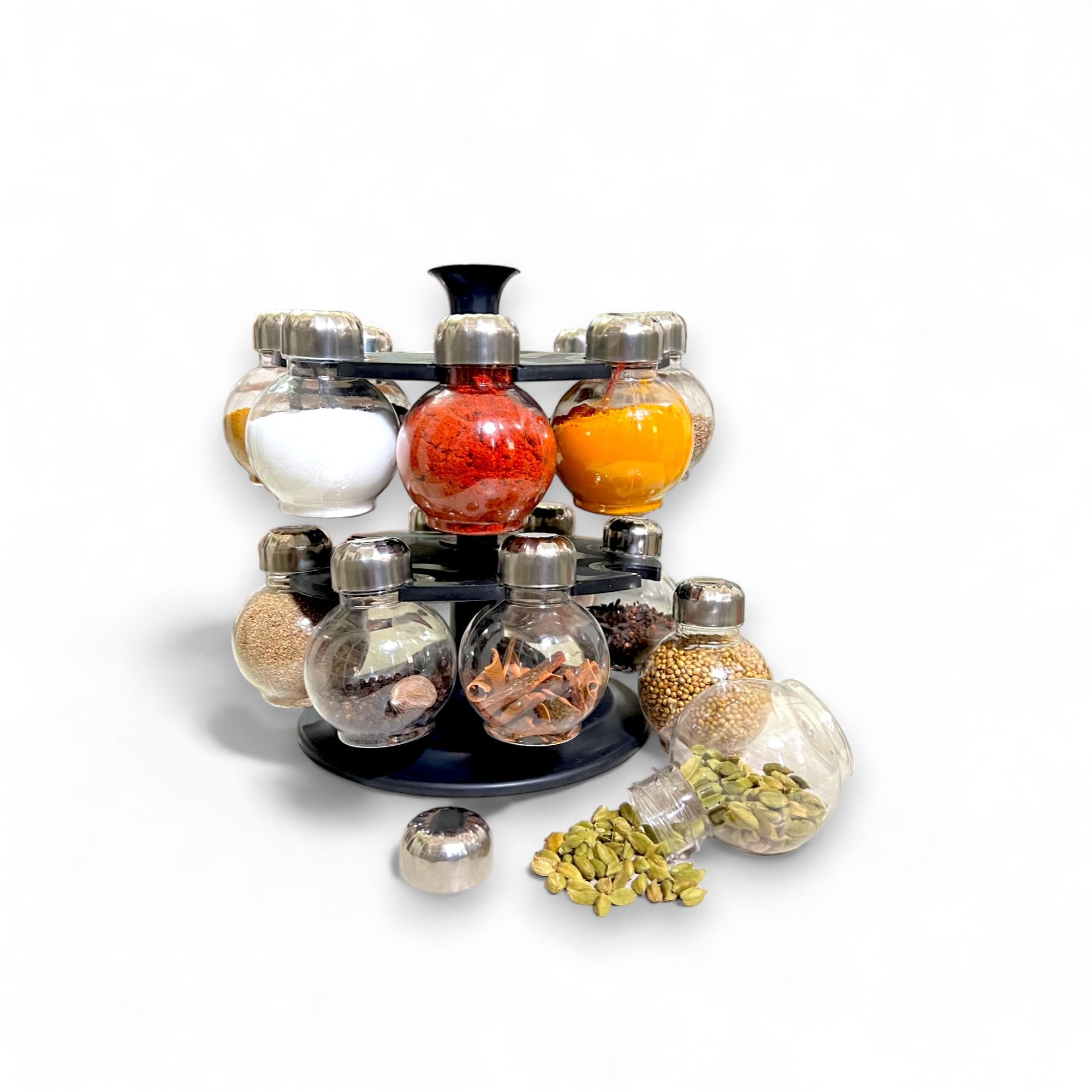 Kitchen Masala Rack 16 in 1, Multipurpose Plastic Big Revolving Spice Rack Set, Multiple Spice Containers, Space-Saving Design, 16 Small Containers, Unbreakable Kitchen Shelves (Black)