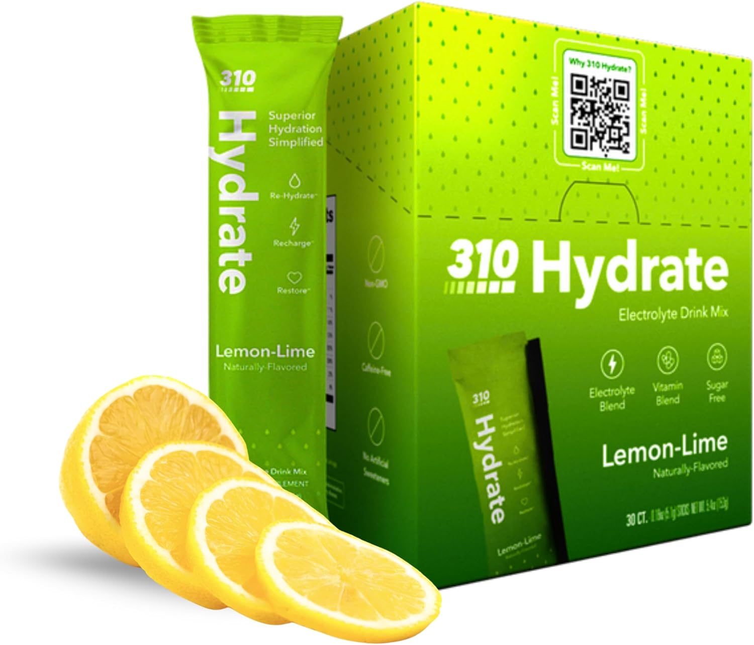 310 Nutrition Sugar Free Electrolytes Powder - Instant Hydration Packets for Daily Fluid Balance - Caffeine-Free Rehydration Drink Mix w/Vitamins, Low Calorie & Keto Friendly - Lemon Lime 30 Singles