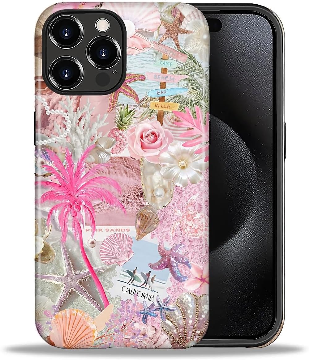 Case Compatible with iPhone 16 Pro, Cute Dual Layer Hybrid Phone Cover, Military Grade Drop Protection, Aesthetic Shockproof Phone Case for Women Girls, Summer Pink Beach Collage image 3