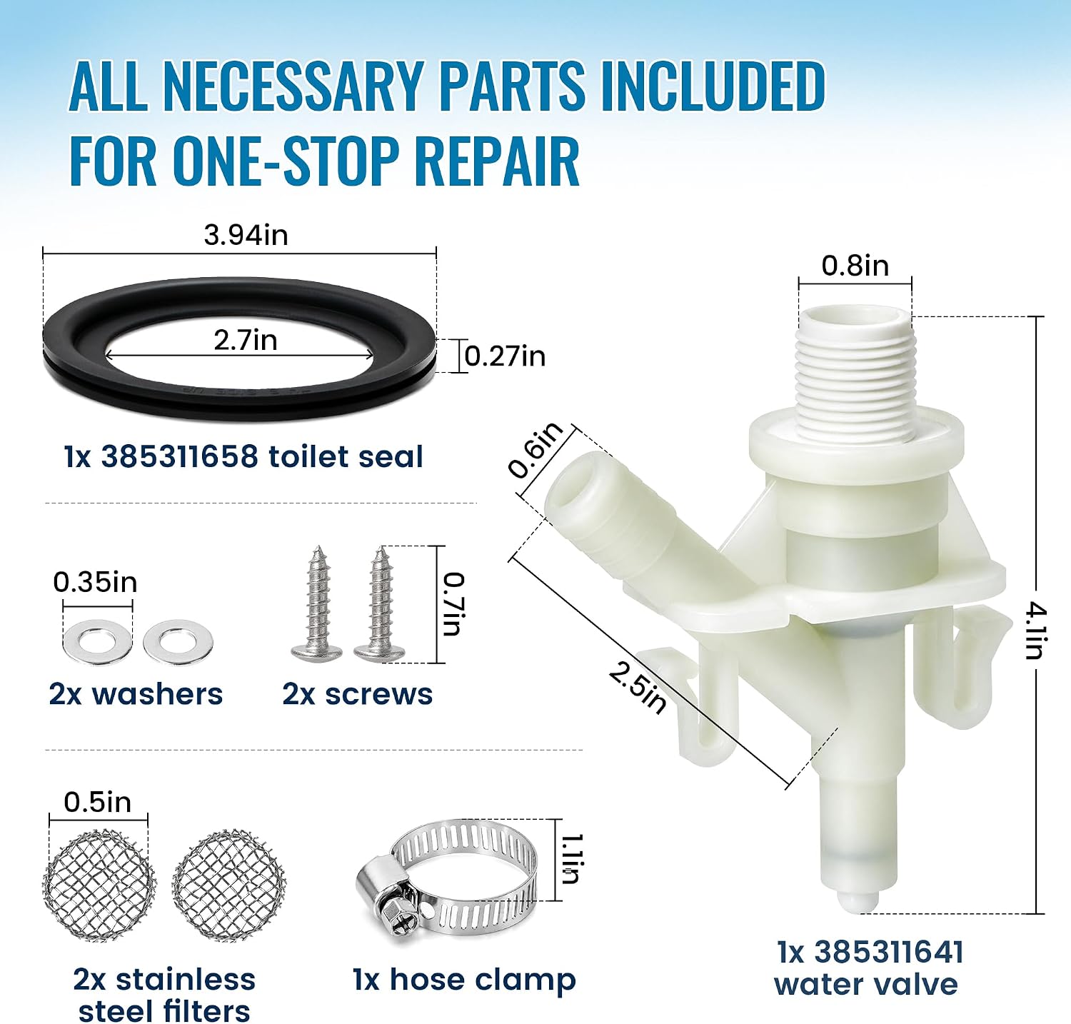 Upgraded 385311641 RV Toilet Water Valve Replacement Kit with 385311658 Seal, 9-Piece Complete Kit for Dometic 300 310 320 Pedal-Flush Toilets, Freeze & Leak Resistant