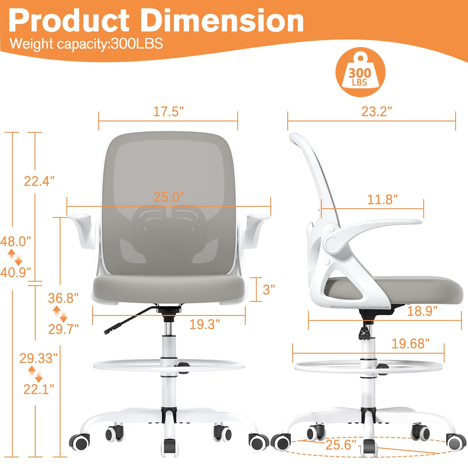 ORRSAKER Silla de oficina alta con brazos abatibles, silla de escritorio ergonómica de malla con anillo de altura ajustable y soporte lumbar, capacidad de 300 libras, color gris