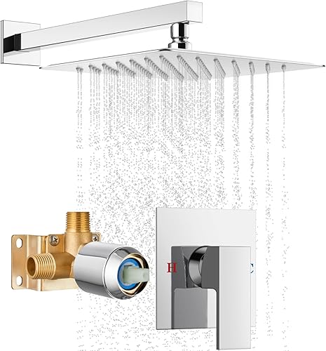Juego de grifo de ducha de montaje en pared de 10 pulgadas con válvula de rosca macho de latón, sistema de ducha cuadrado de lluvia con una manija,