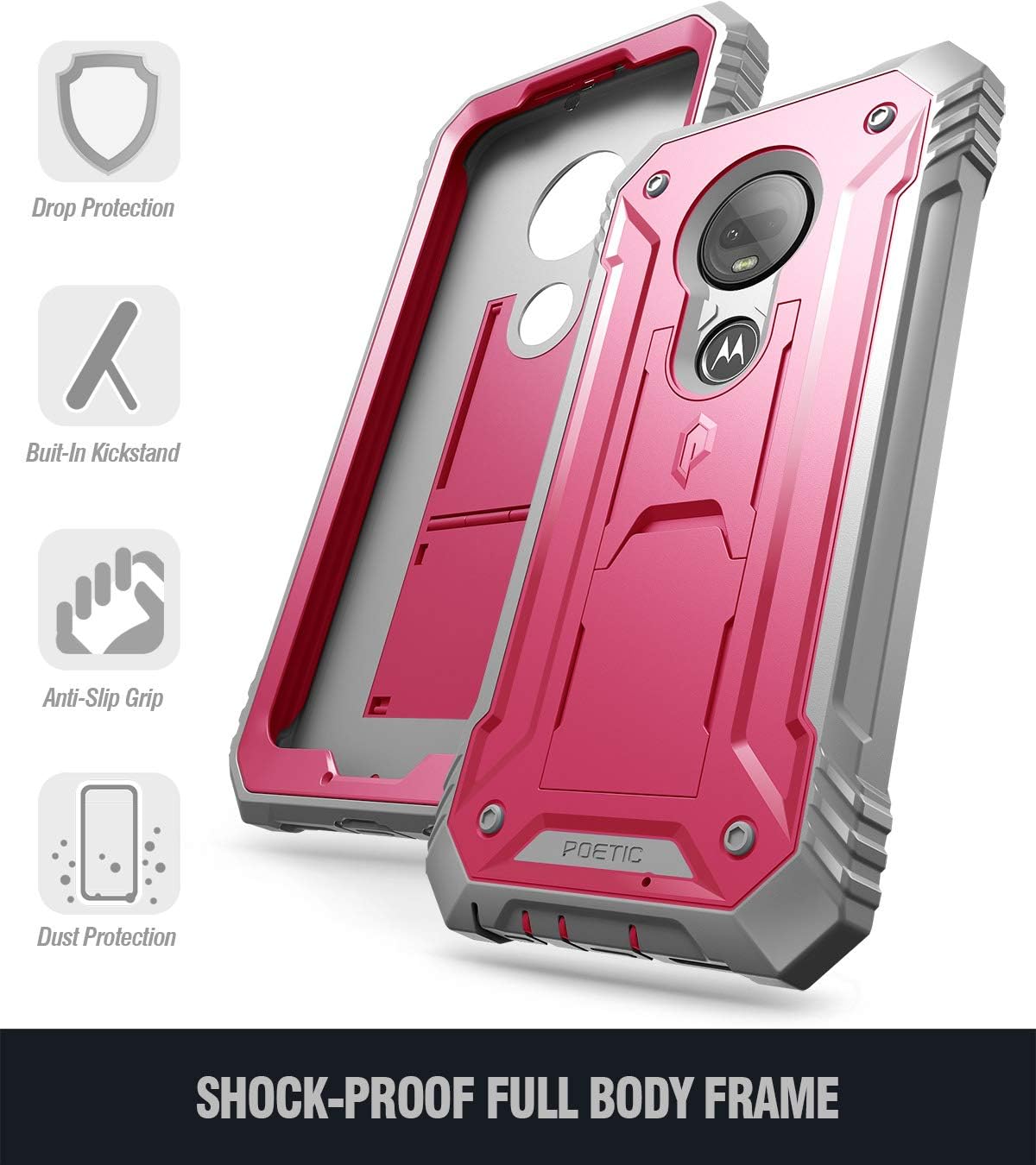 Moto G7 / G7 Plus Rugged Case with Kickstand, Poetic Full-Body Dual-Layer Shockproof Protective Cover, Built-in-Screen Protector, Revolution Series, DO NOT FIT Moto G7 Power Or Moto G7 Play, Pink