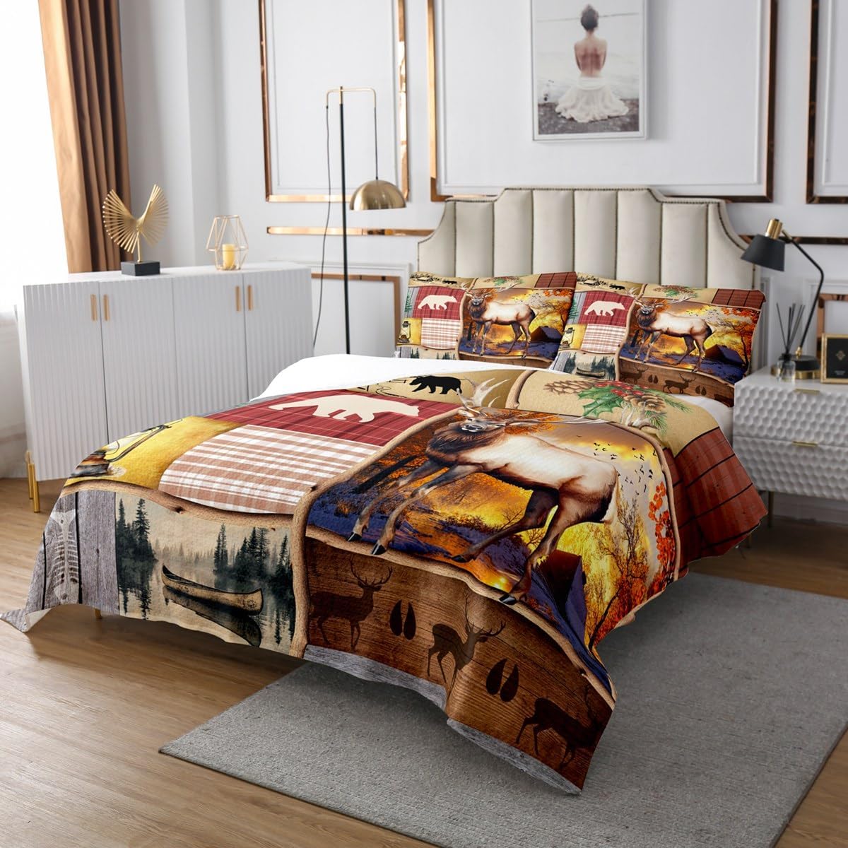 jejeloiu Deer Bedspread Hunting Theme Bedspread for Kids Boys Girls Wild Animal Coverlet Set Falling Maple Quilted Bedroom Collection 3Pcs Queen Size