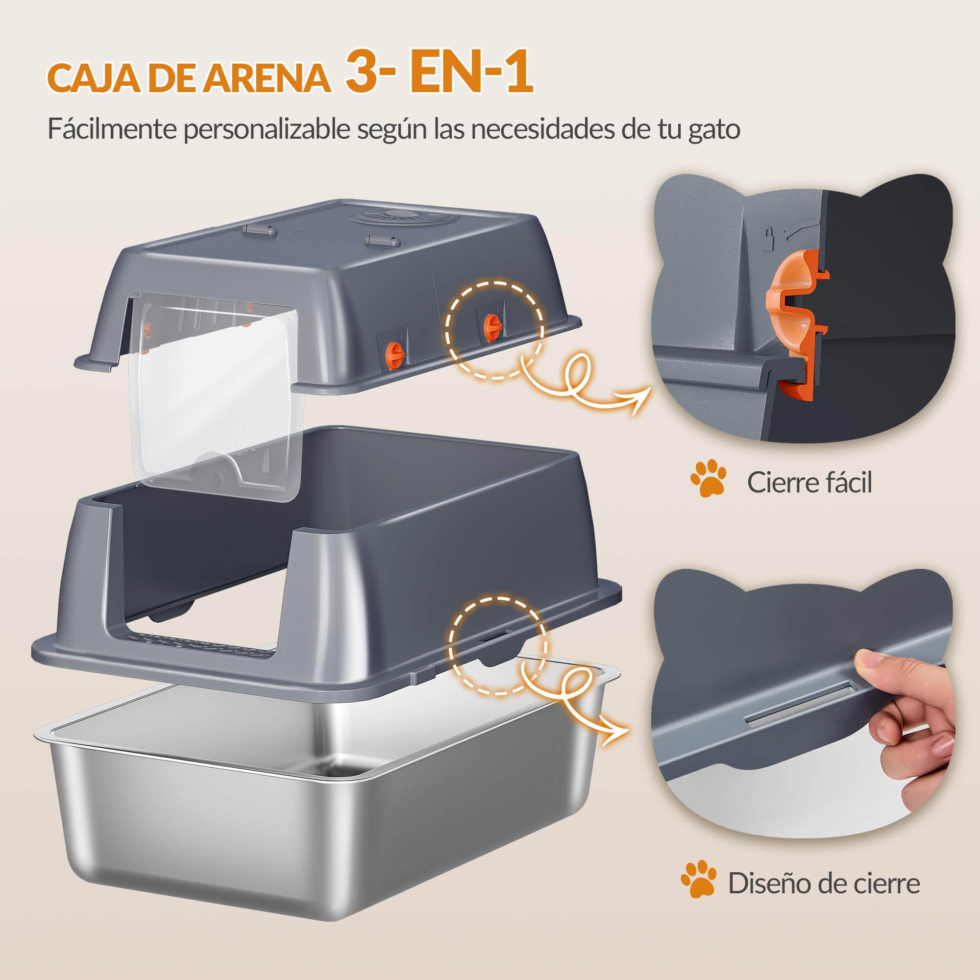 Arenero Acero Inoxidable Gatos XXL, 61 x 41 x 40 cm, Gris Oscuro | Arenero Cerrado para Gatos, con Tapa, Tapa con Bisagra de 180°, Pedal y Pala, Fácil de Limpiar, Diseño Modular FPLB203SG2