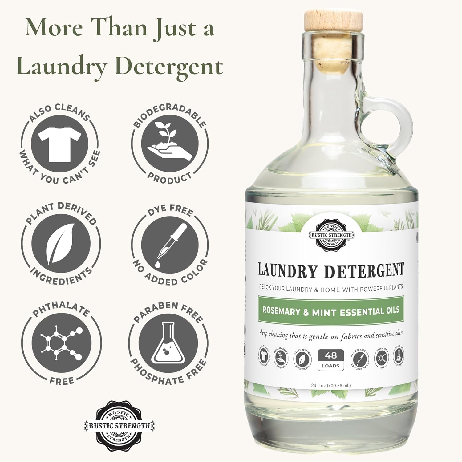 Rustic Strength Natural Laundry Detergent, Rosemary & Mint, Color Safe, Sensitive Skin, HE Compatible, 24 oz Glass