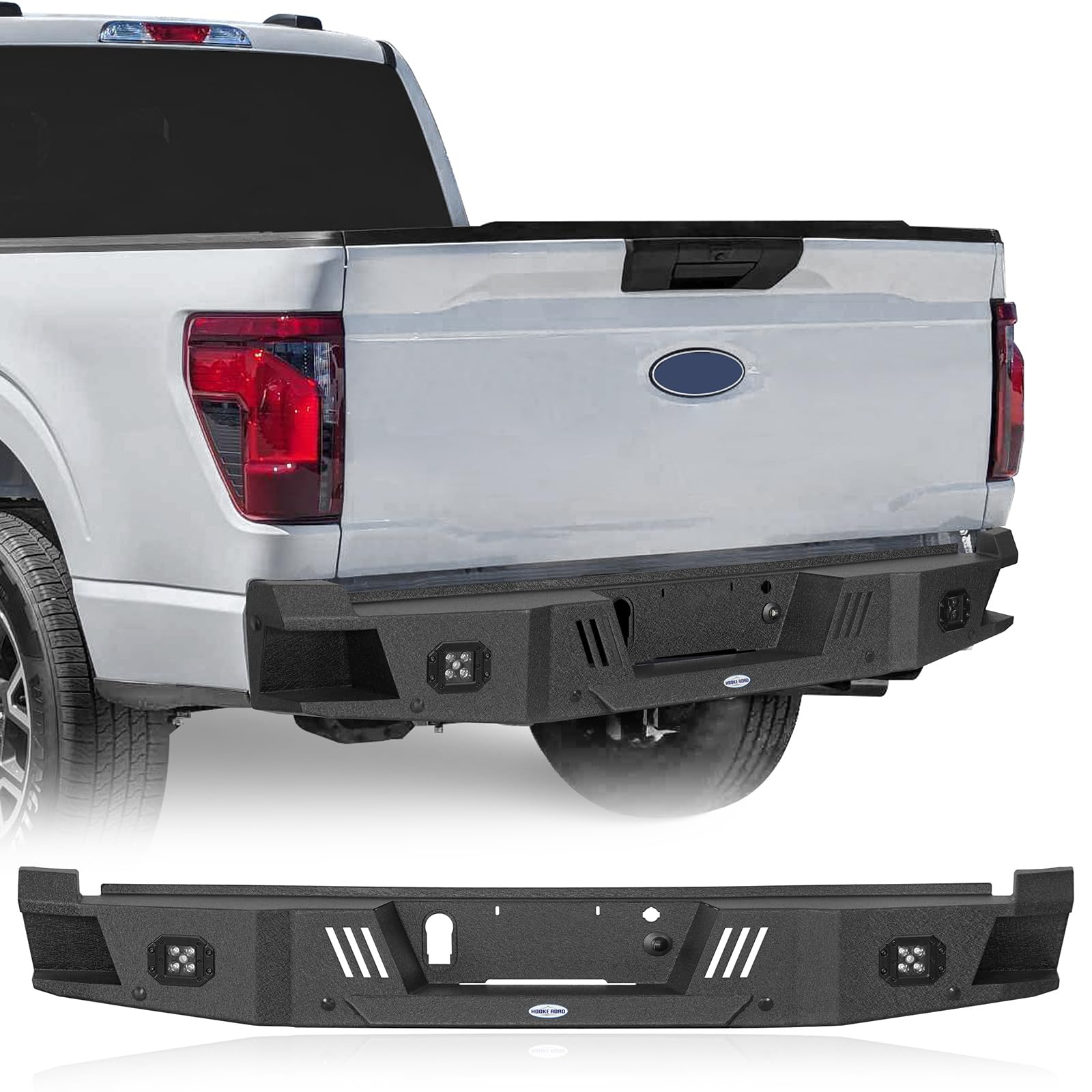 Hooke Road 2023 F150 Rear Bumper Compatible with Ford F-150 2021-2025 (Excluding Raptor & Tremor), Offroad Steel Back Bumper w/LED Lights