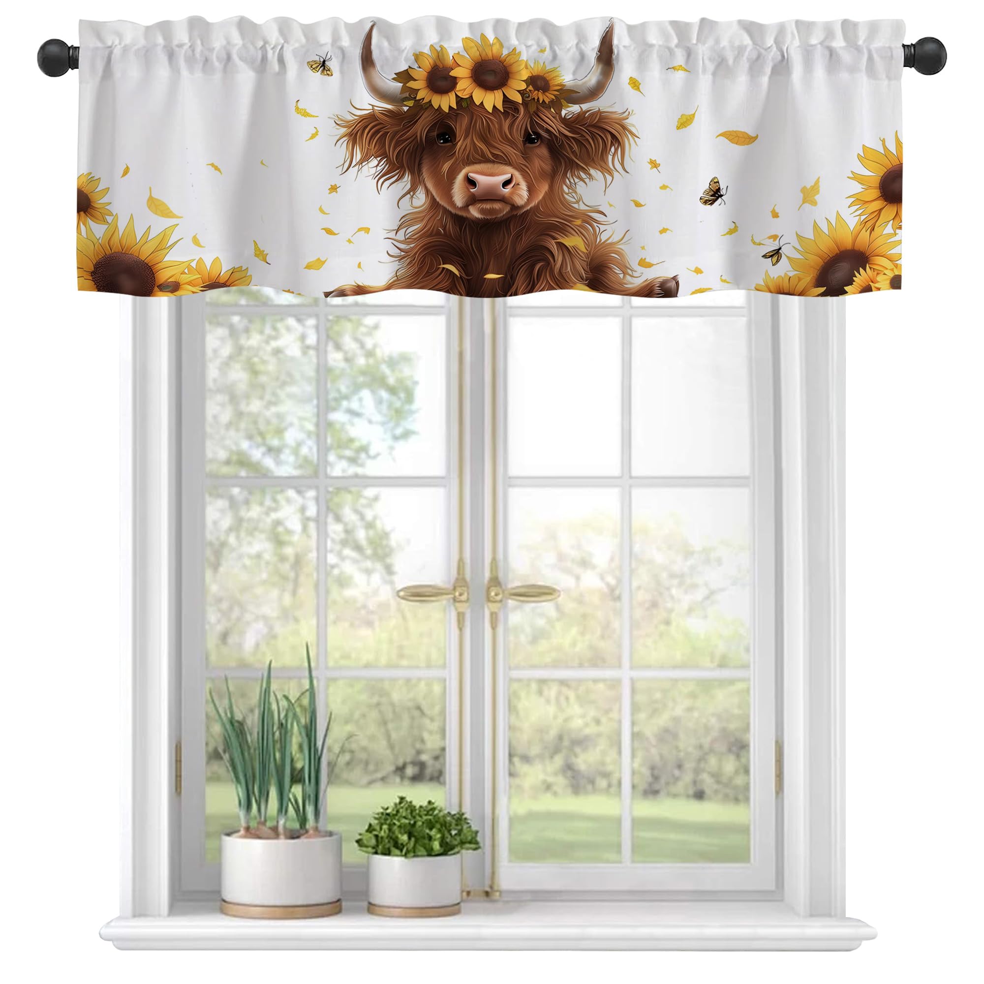 Eflxamz Curtain Valances,Cute Highland Cow and Sunflowers Semi Sheer Kitchen Windows Valances, Rod Pocket Short Window Treatment Light Filtering Decor Valances for Kitchen Bedroom Windows - 54"x18"