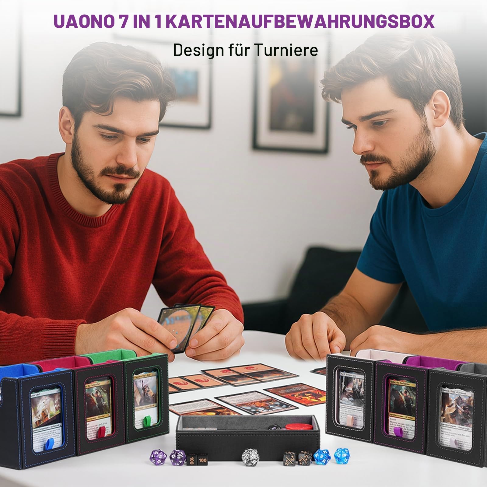 UAONO Commander Deck Box für MTG, 6-Deck Modulares Kartenetui mit Würfelablage, Platz für 600+ Doppelhülsenkarten, abnehmbare Sammelkarten-Aufbewahrungsbox mit 6 magnetischen Kartenhaltern für TCG