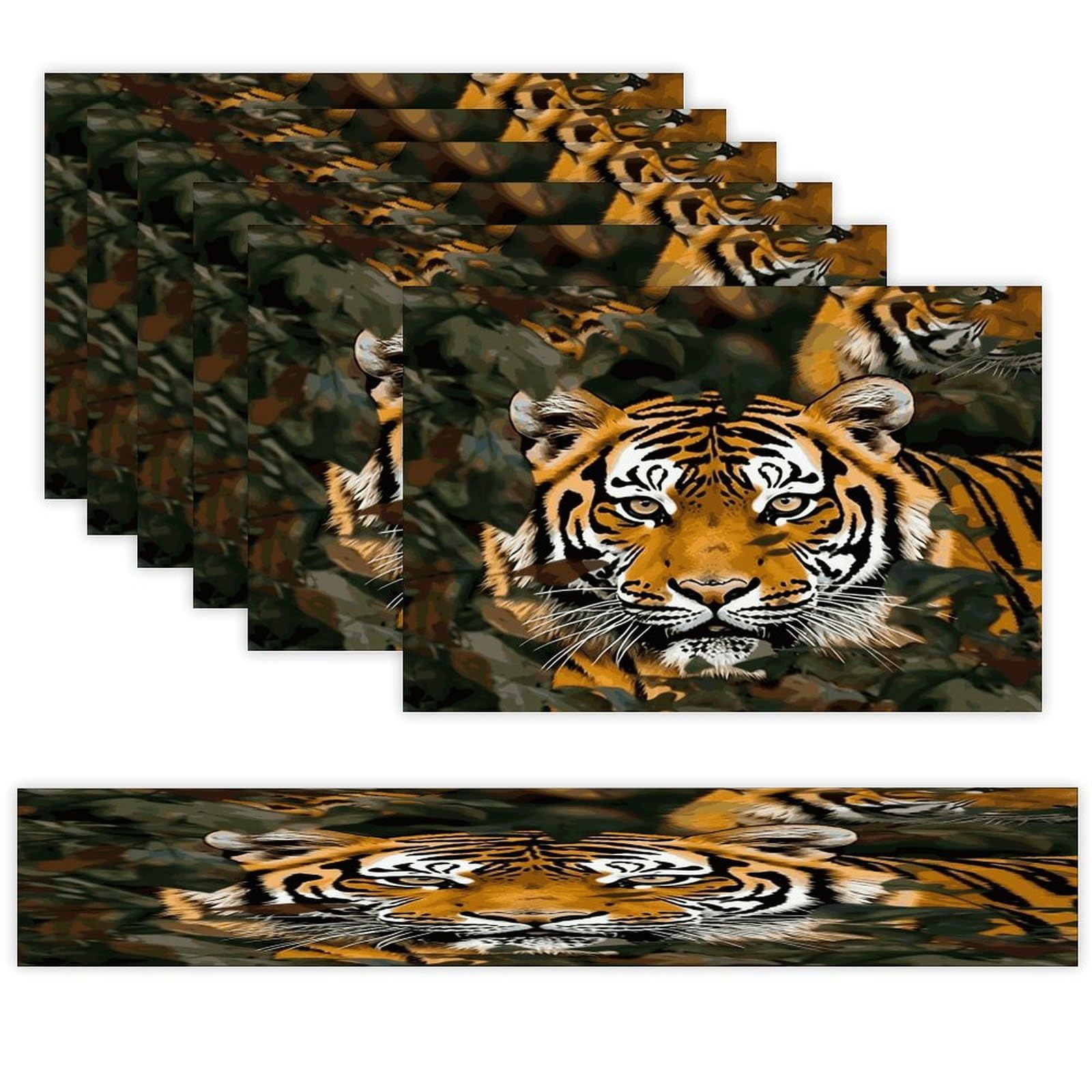Camouflage Tiger Table Runner and Placemats Set of 6 Heat Resistant Table Runner Place Mats Modern Cloth Table Mat Washable Linen Placemat Festive Reusable Set