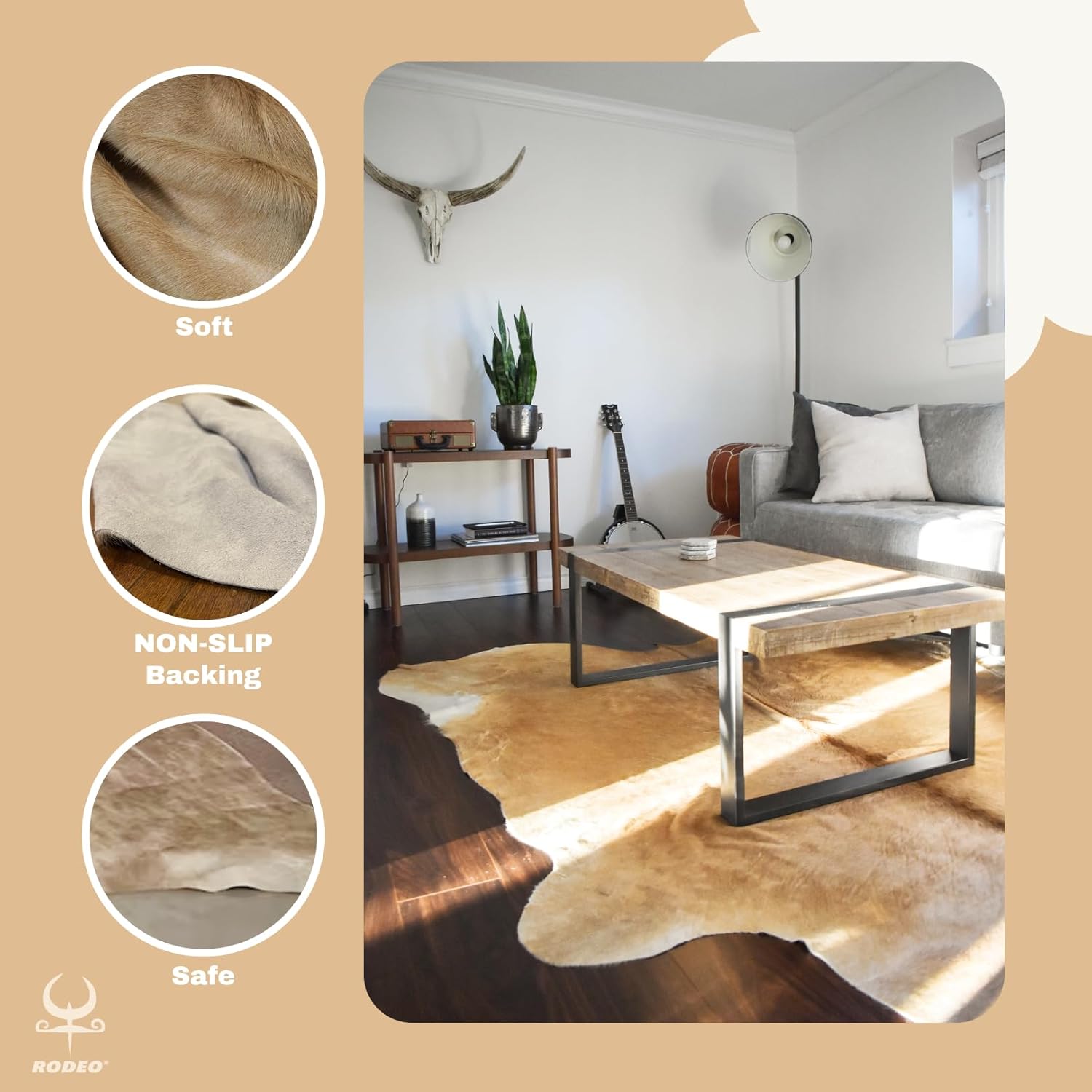 rodeo Genuine Cowhide Rug Natural Animal Skin-Area Rugs for Western Theme Decor Ranch/Country House,Wall Decor,Natural Color, Beige Size 7x8 ft