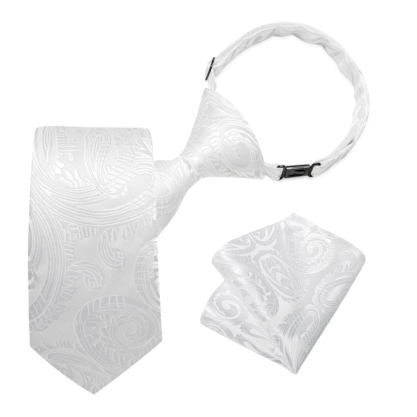 DiBanGu Boys Adjustable Tie and Pocket Square Pre-tied Zipper Necktie for Kids Wedding Party Graduation School Uniforms, White