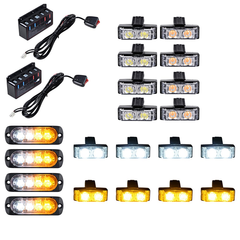 4pcs Amber/White Ultra Slim 4-LED Strobe Light Bar + 16pcs (8 White + 8 Amber) 2-LED Flashing Grille Light Kit Emergency Warning Hazard Construction Car Truck SUV Van