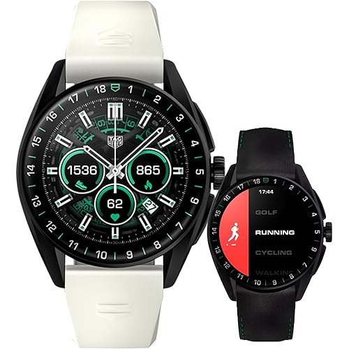 TAG Heuer Smart Watch, Fitness Watch, Connected Calibre E4 42 mm Golf Edition, Touch Screen, Waterproof, Calls, SMS, Steps, Heart Rate, Wellness, Titanium, White Or Black/Green Straps, SBR8080.EB0284