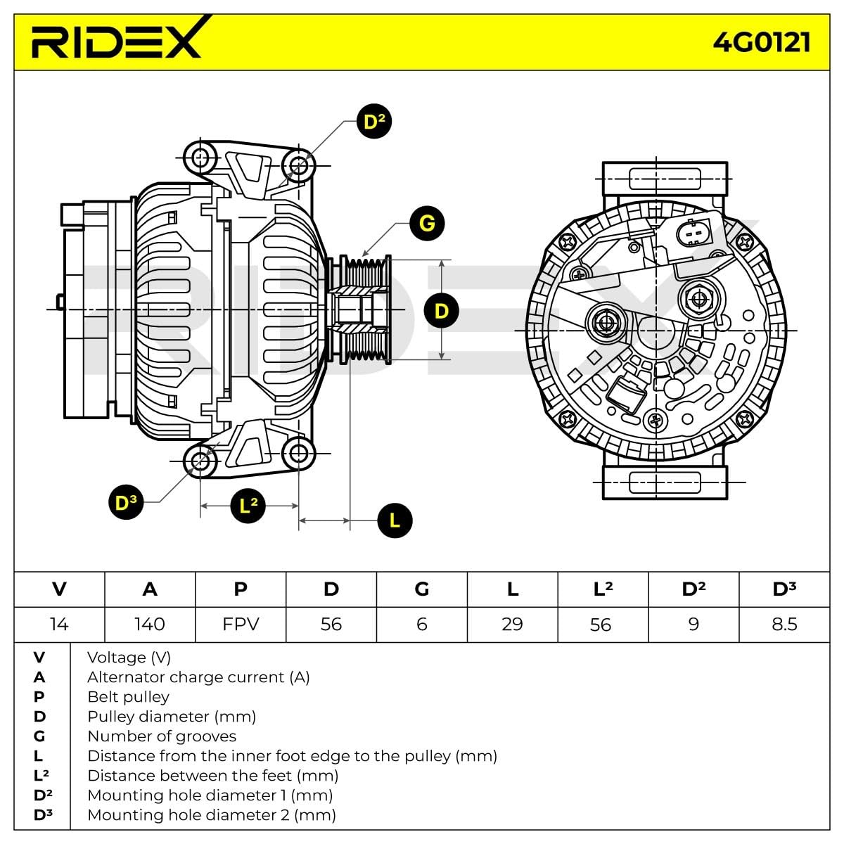 Alternator Generator RIDEX 4G0121 140A 14V Kompatybilny z VW Jetta Mk5 1K Passat Sedan 362 Golf 6 Variant AJ5 Jetta IV 162, 163, AV3, AV2 Passat Alltrack 365