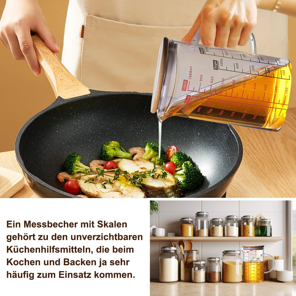 Messbecher Aus Glas 1000ml Mit Bambusdeckel – Hitzebeständig, Präzise Skala, Ideal Zum Backen & Kochen