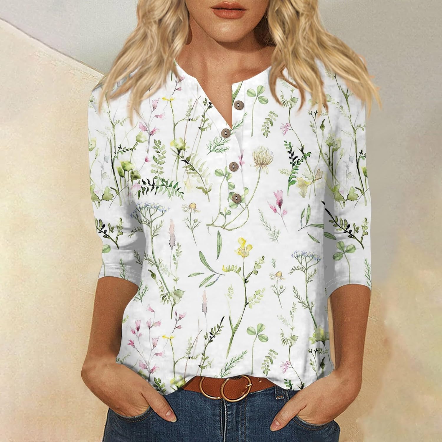 Womens V Neck Dressy Tops Casual Three Quarter Sleeve Fashion Button Down Pleated Floral Print Graphic Tees 2025 Tunic