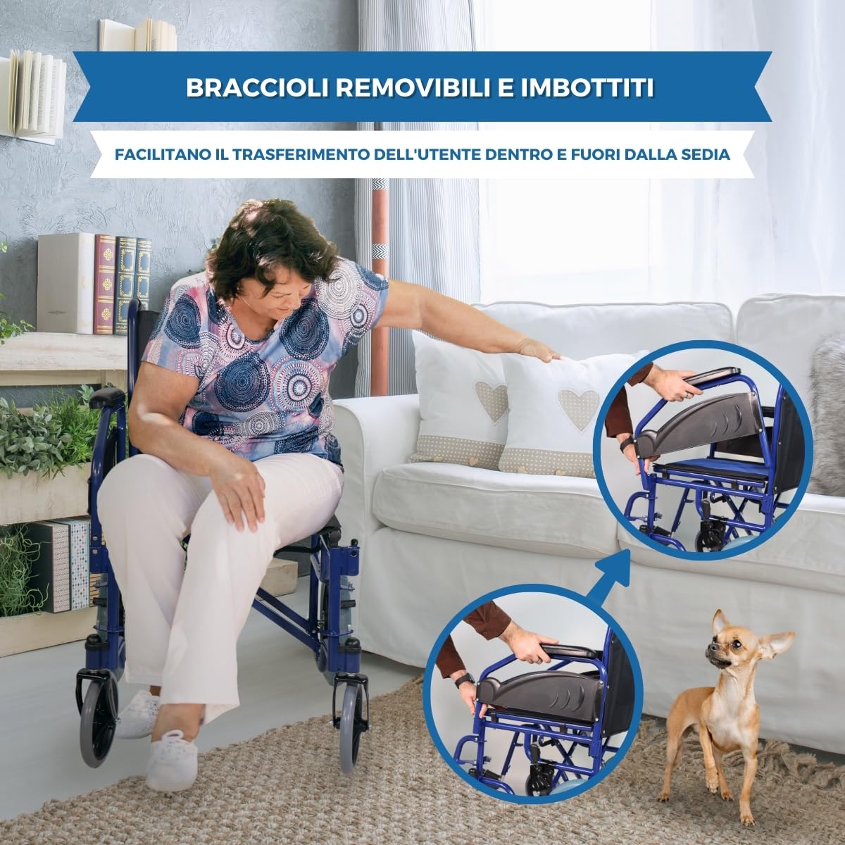 Mobiclinic®, Carrozzina pieghevole, Maestranza, Freni di stazionamento, Seduta da 45 cm, Pedane rimovibili, Braccioli pieghevoli e imbottiti, Ruote piccole, Robusta, Colore blu