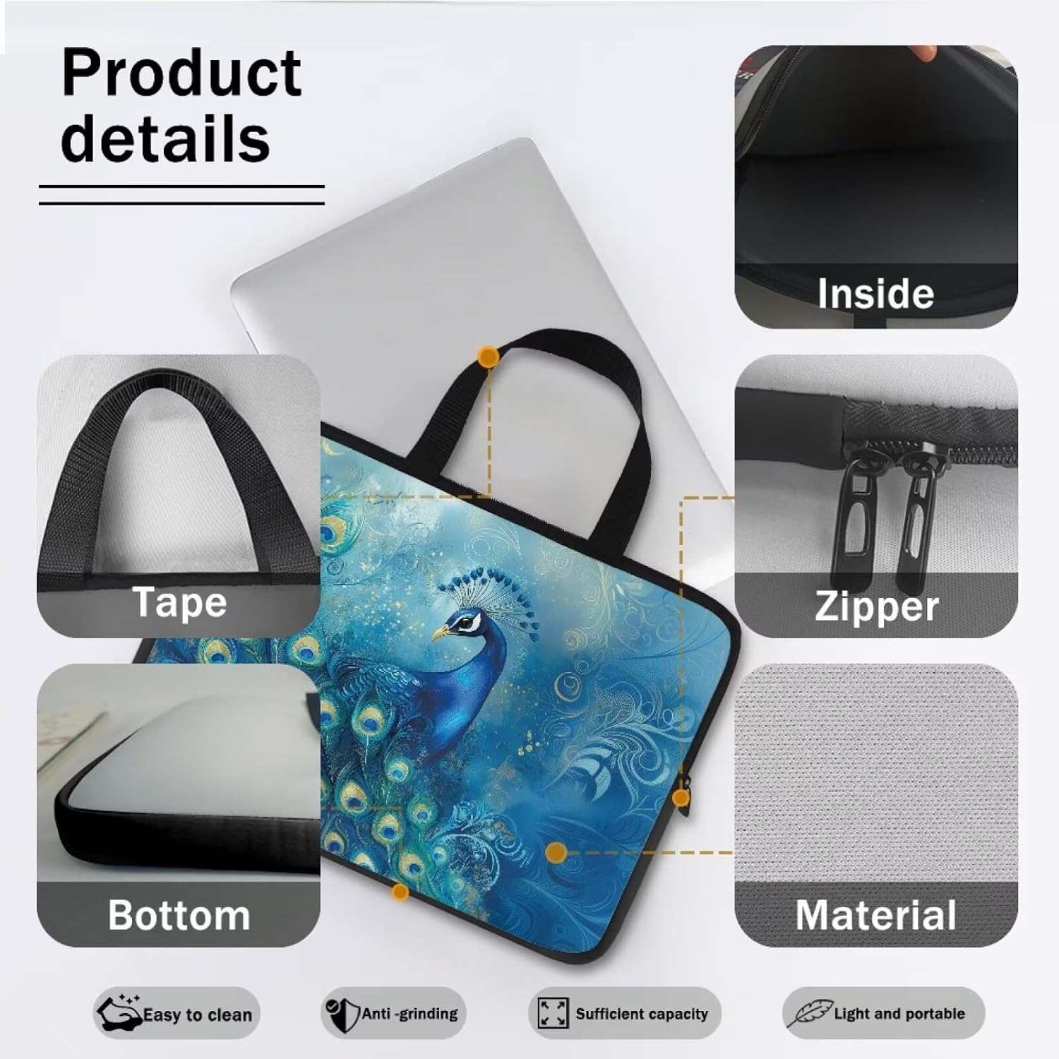 Blue Peacock Retro Floral Print Laptop Sleeve 10-17 inch, Shockproof Protective Computer Carrying Cover Case Briefcase Laptop Sleeve Bag for Student Adults Work Study, 10inch image 5