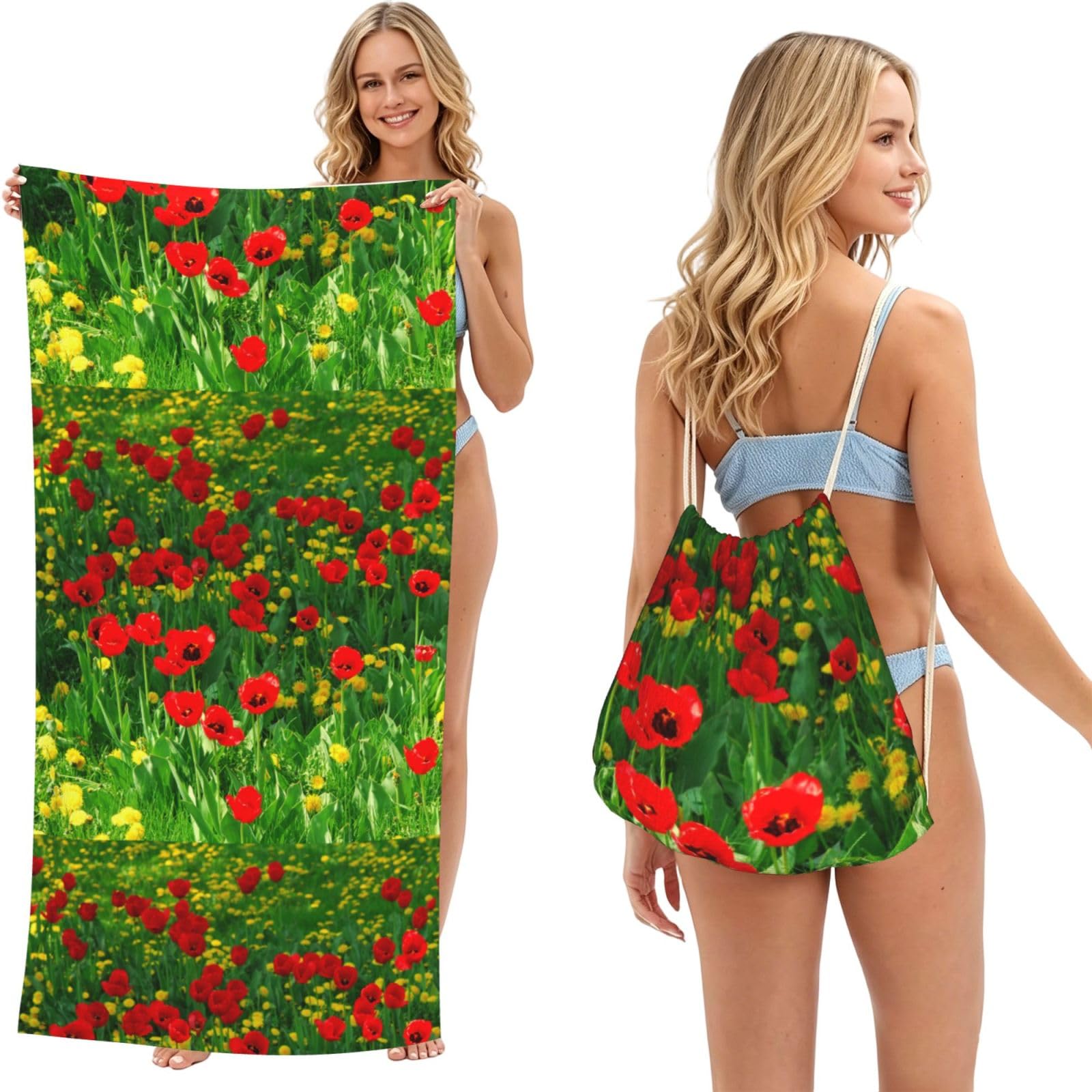 Poadnly As Picture Red Poppy Field Farm Meadow Landscape Print, 2 In 1 Packable Towel Bag, Beach Towels With Drawstring Backpack For Travel Holiday Camping