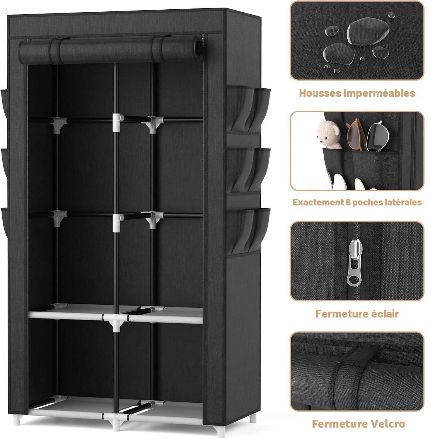 Armoire portable en tissu Vêtements suspendus 4 étagères 2 tringles 6 poches Stable Facile à assembler Couvercle Chambre à coucher Noire