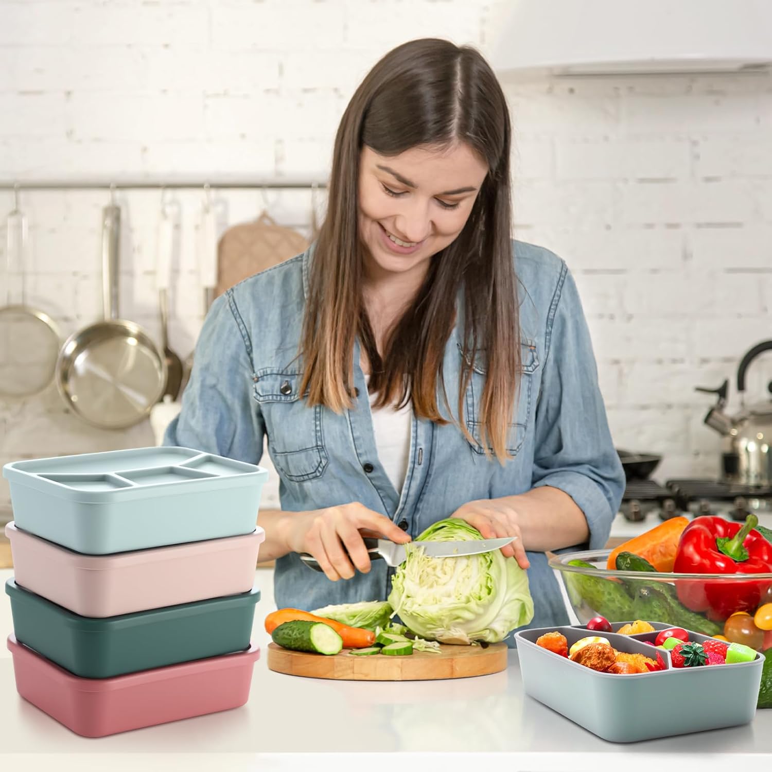 Honeydak 6 Pcs Silicone Bento Box Reusable Lunch Container 4 Compartment Snack Boxes with Lid Smooth LeakProof Rectangle Food Boxes for Adult Work Travel Food Storage(Classic Color)